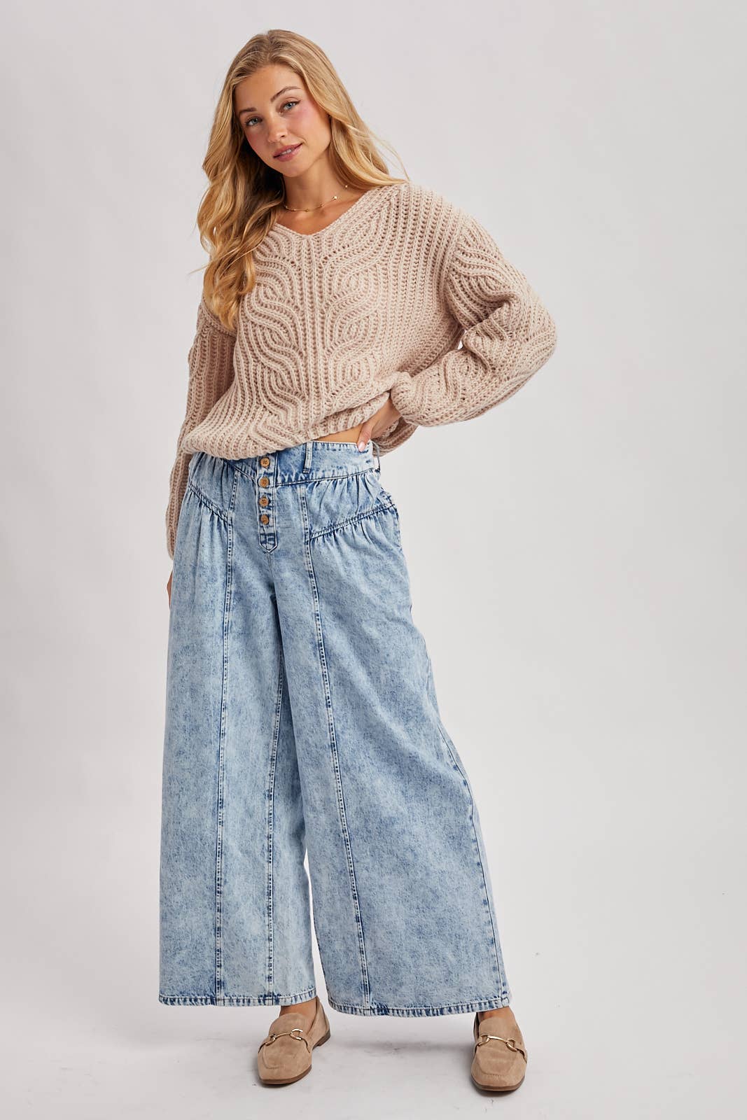DENIM PLEATED RETRO HIGH-RISE WIDE LEG JEANS