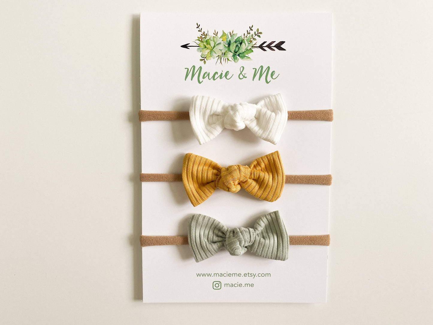 White, yellow and Mint Ribbed Set of 3 Tied Bows