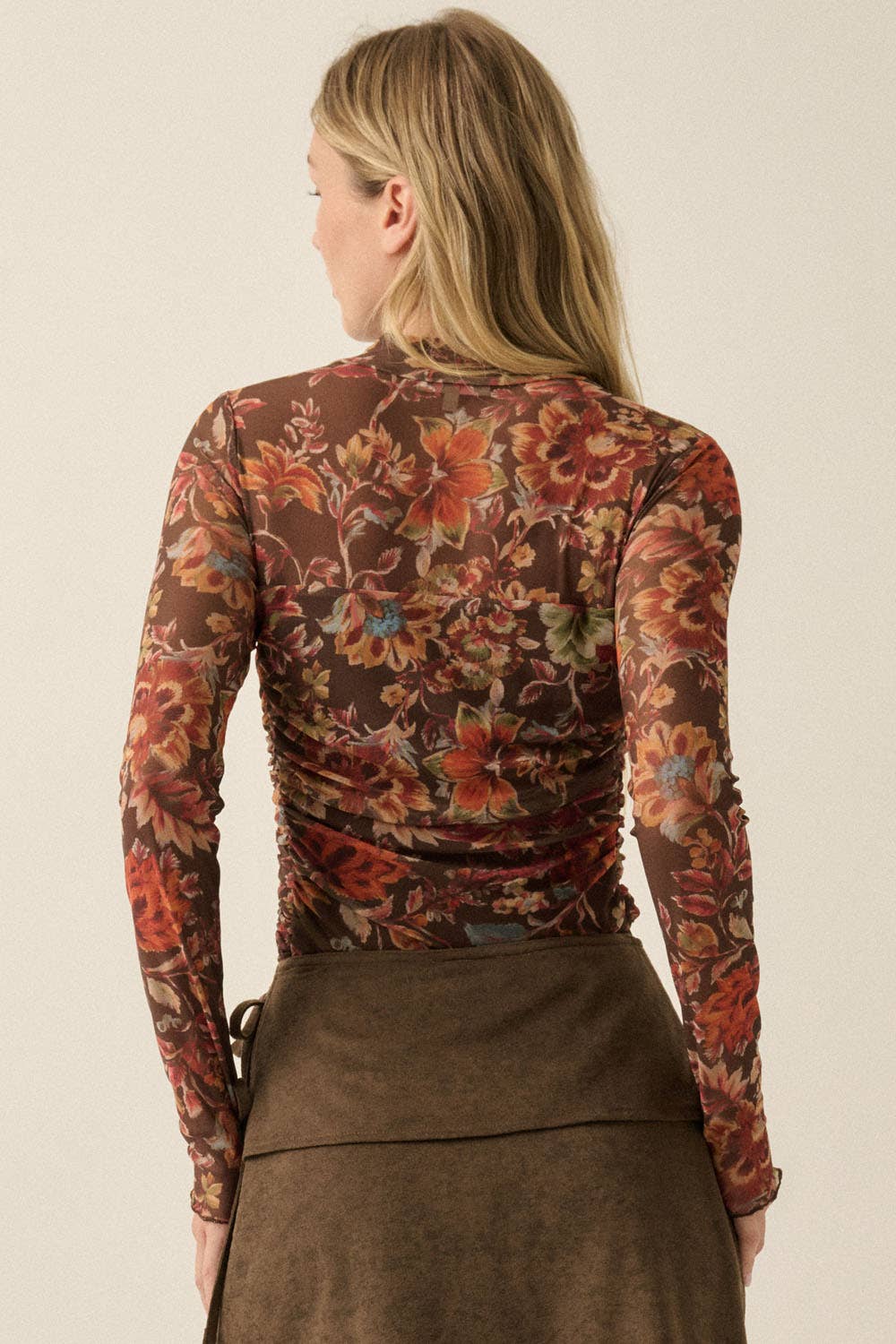 Floral-Print Mesh Ruched Mock-Neck Layered Bodysuit