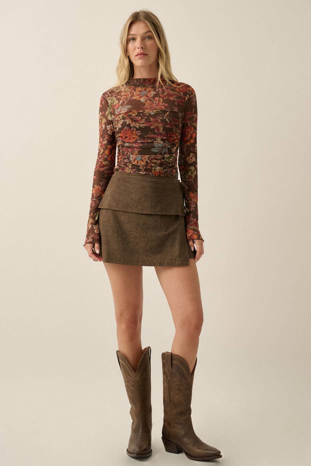 Floral-Print Mesh Ruched Mock-Neck Layered Bodysuit