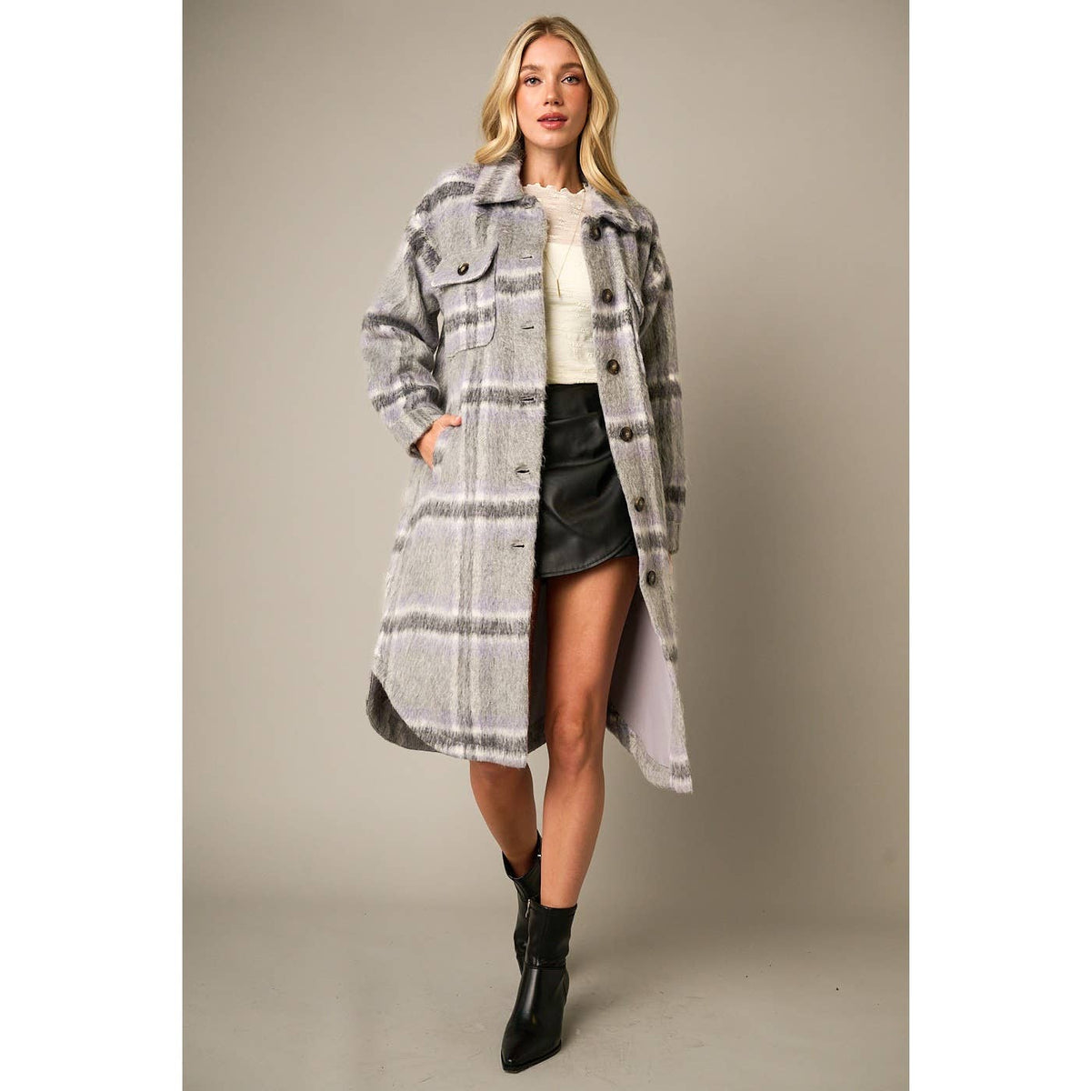 PLAID FAUX FUR LONG COAT JACKET