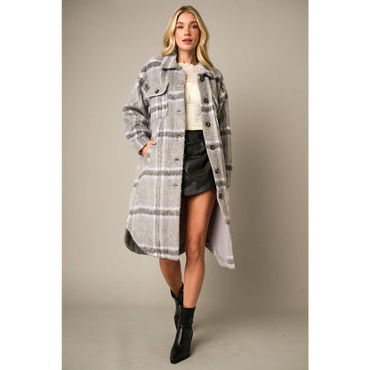 PLAID FAUX FUR LONG COAT JACKET