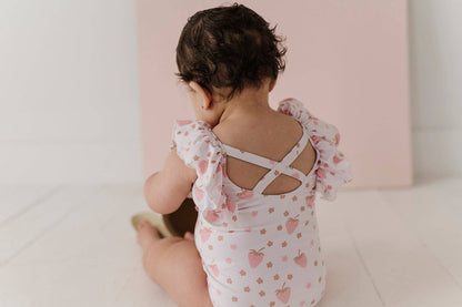Strawberries Ruffle Sleeve Cross Back Swimsuit