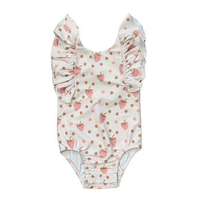 Strawberries Ruffle Sleeve Cross Back Swimsuit