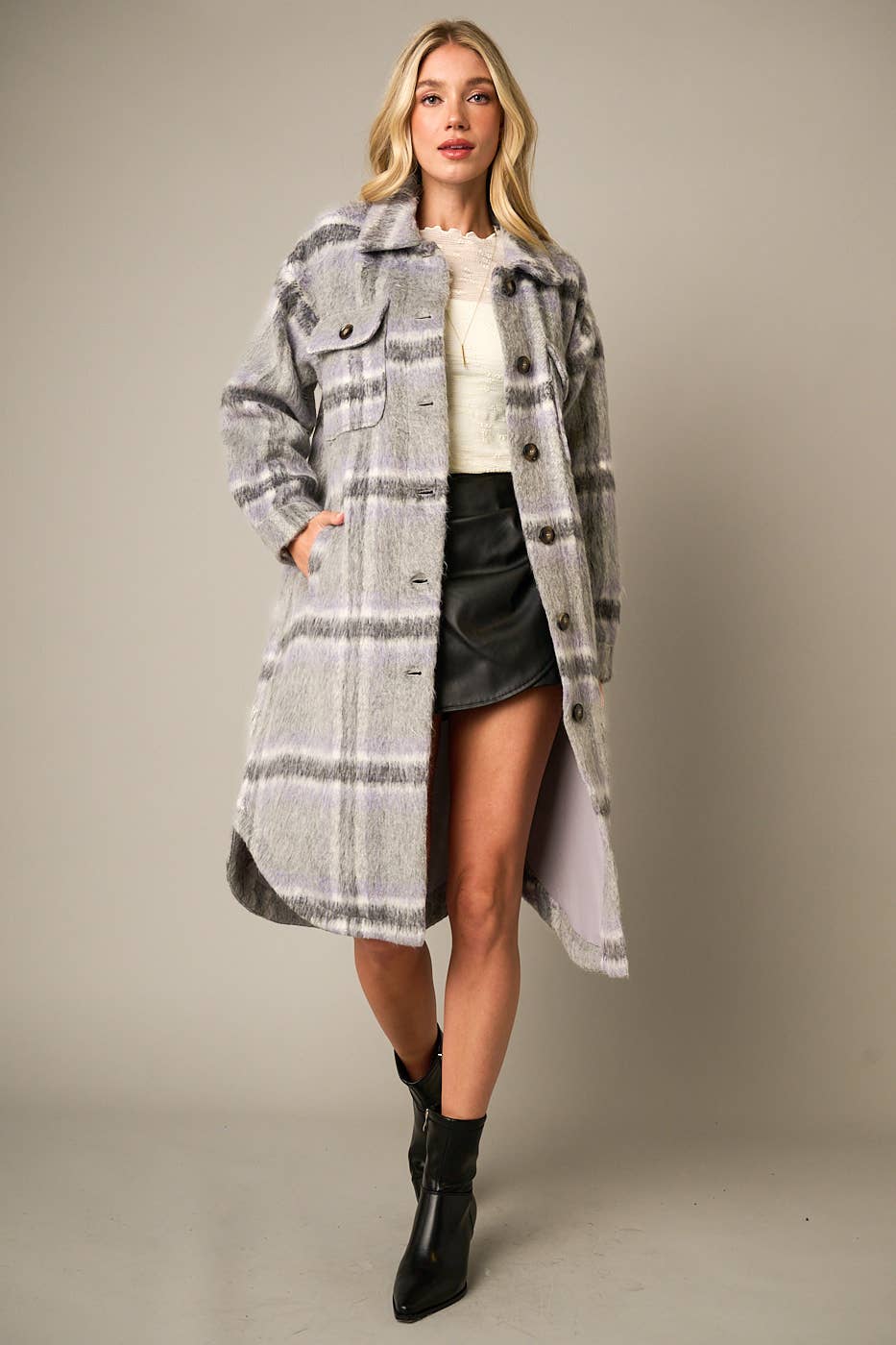 PLAID FAUX FUR LONG COAT JACKET