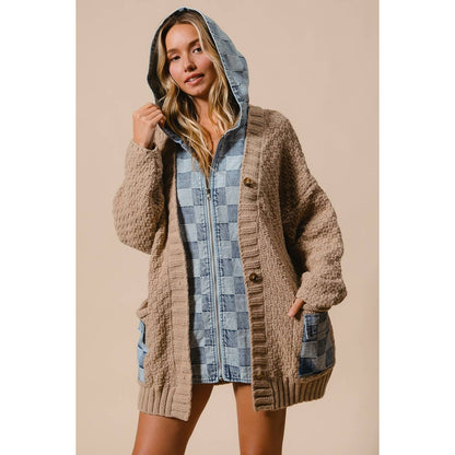 WASHED CHECKER DENIM ZIP UP SWEATER CARDIGAN