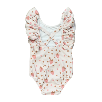 Strawberries Ruffle Sleeve Cross Back Swimsuit