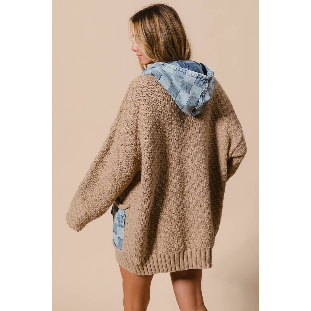 WASHED CHECKER DENIM ZIP UP SWEATER CARDIGAN
