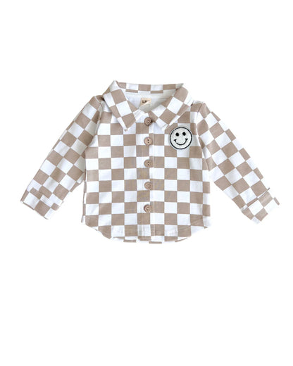 Latte Checkered Smiley Shacket