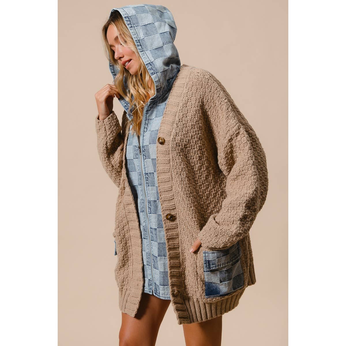 WASHED CHECKER DENIM ZIP UP SWEATER CARDIGAN