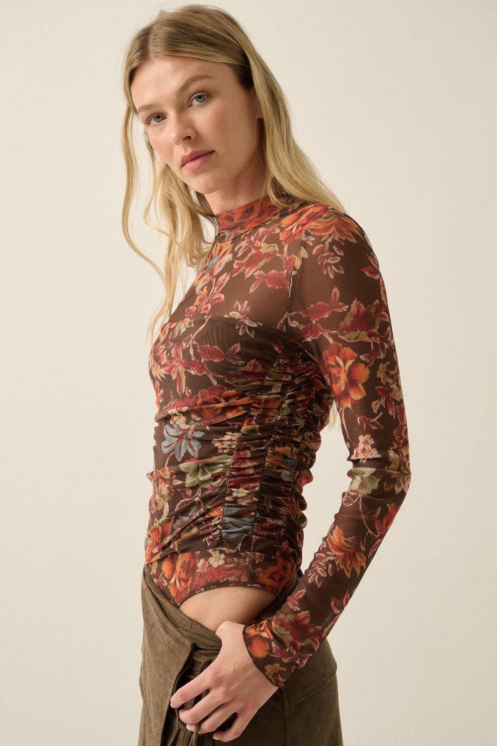 Floral-Print Mesh Ruched Mock-Neck Layered Bodysuit