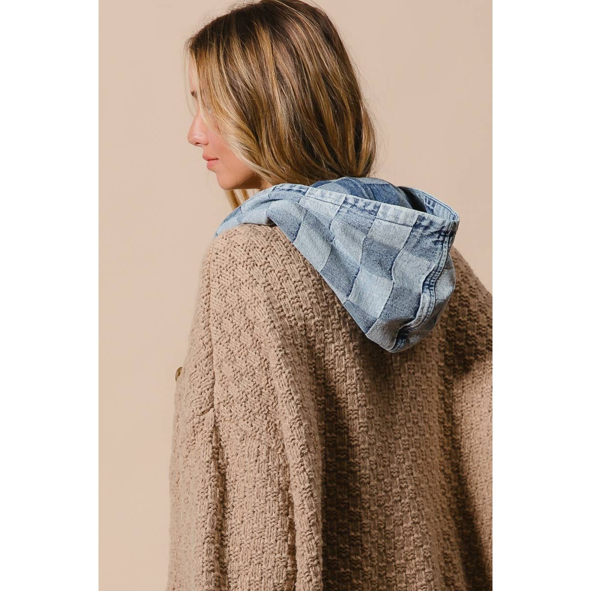 WASHED CHECKER DENIM ZIP UP SWEATER CARDIGAN