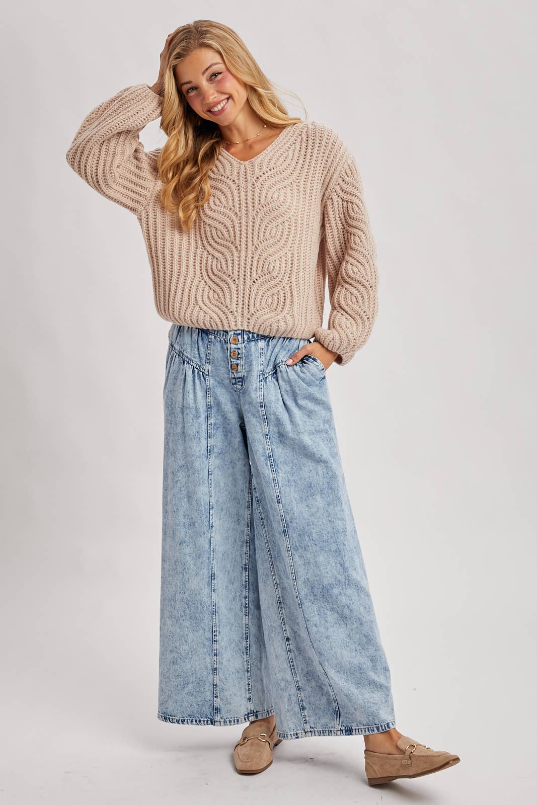 DENIM PLEATED RETRO HIGH-RISE WIDE LEG JEANS