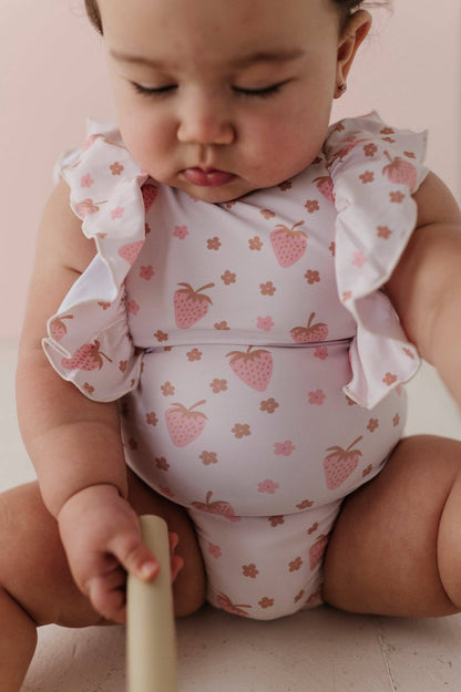 Strawberries Ruffle Sleeve Cross Back Swimsuit