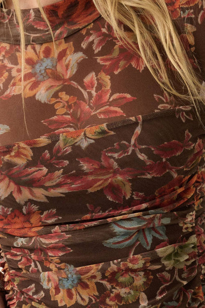 Floral-Print Mesh Ruched Mock-Neck Layered Bodysuit