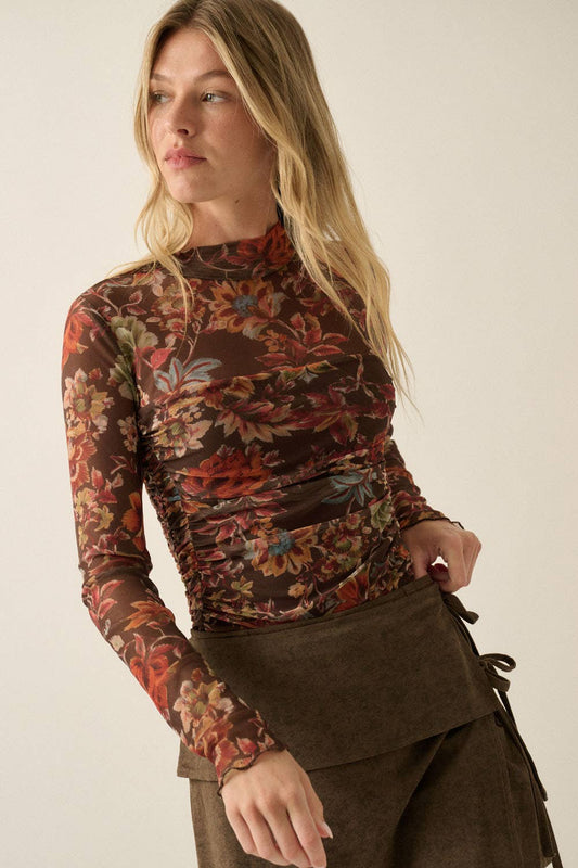 Floral-Print Mesh Ruched Mock-Neck Layered Bodysuit