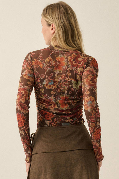 Floral-Print Mesh Ruched Mock-Neck Layered Bodysuit